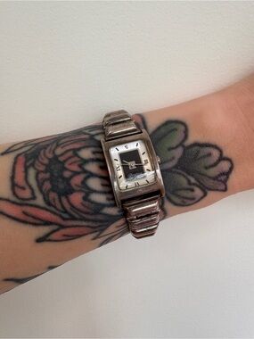 Brighton Vancouver Tank Watch Women 20mm Silver Tone Black Leather New Battery